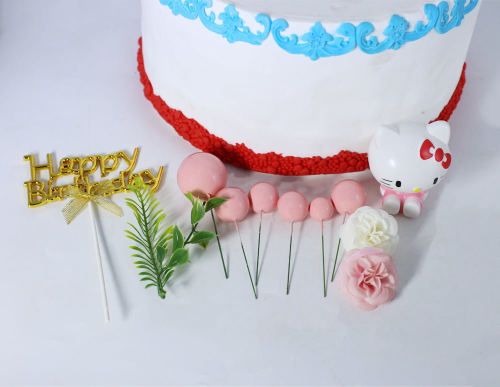 Happy Birthday Cake Topper Golden With Faux Ball, Leave, Flower, And Hello Kitty 12pcs Set