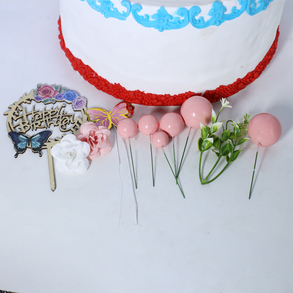 Happy Birthday Cake Topper With Faux Ball, Butterfly, And Flower 12Pcs Set (Pink)