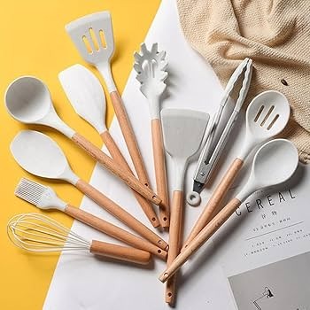 12-Piece Silicone Cooking Utensil Set With Wooden Handle And Holder.