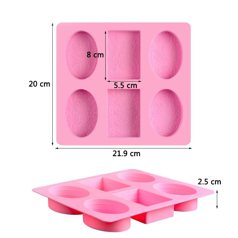 4 Oval & 2 Rectangle Shapes Designed Silicone Soap Mold 6 Cavity