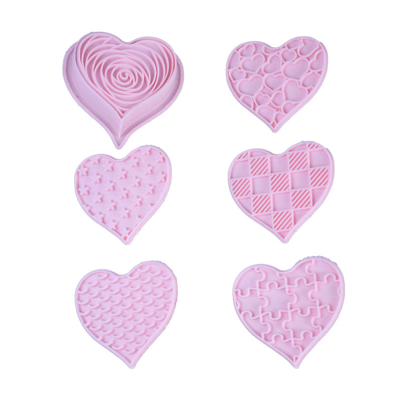 Heart Theme Cookie And Fondant Plastic Cutters With Stamps 6 Pcs Set