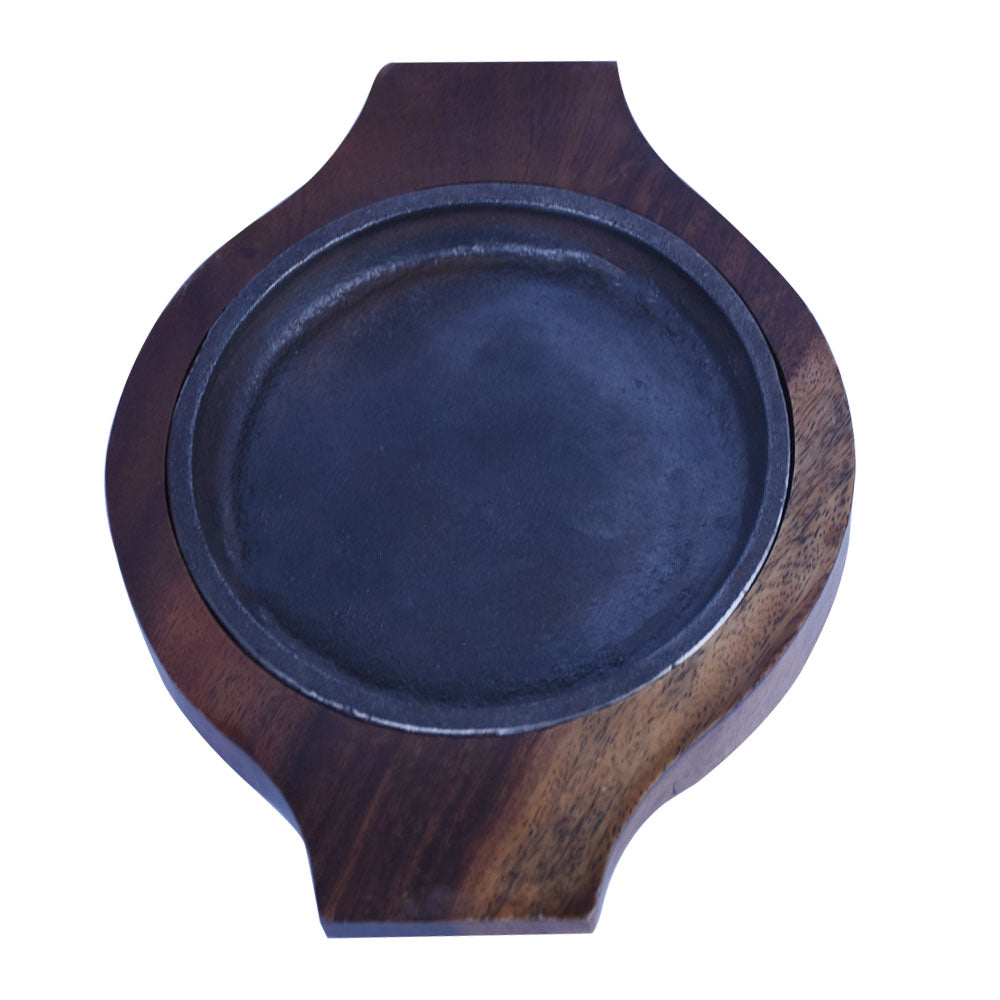 Round Cast Iron Sizzler Plate 14.5cm With Wooden Base