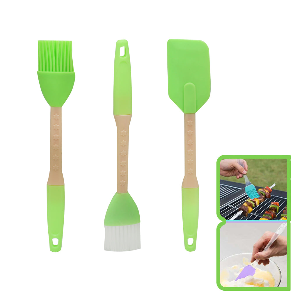 Silicone Hand Whisk And Pastry Brush With Wooden Handle 3Pcs Set