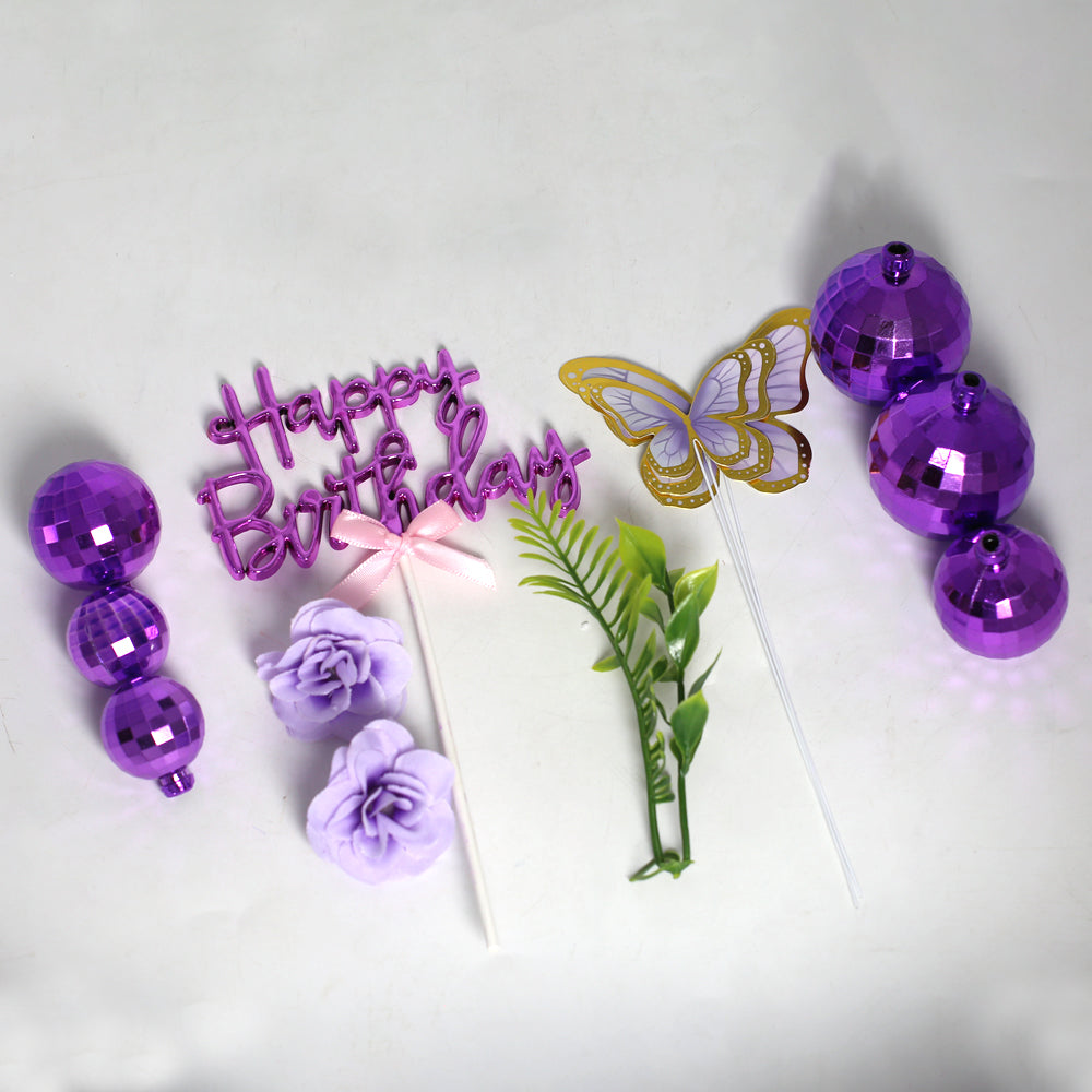 Happy Birthday Purple Cake Topper With Vintage Ball, Flower, Leave And Butterfly 12Pcs Set