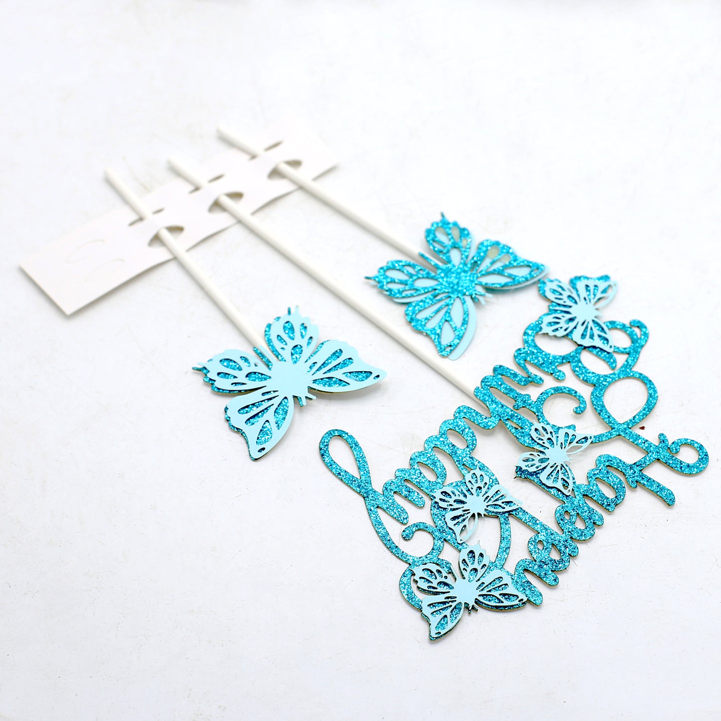 Happy Birthday And Butterfly Cake Topper 3Pcs Set Blue