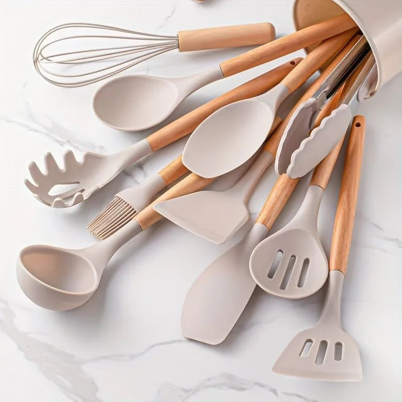 12-Piece Silicone Cooking Utensil Set With Wooden Handle And Holder (Light Grey).