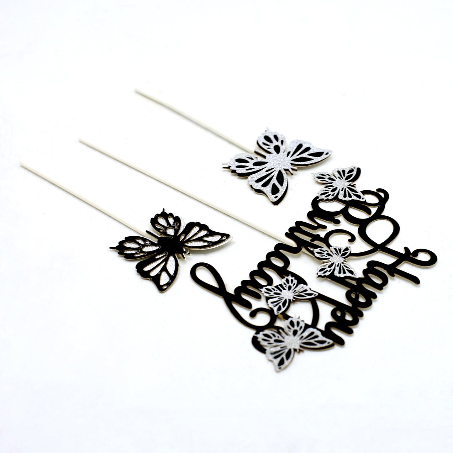 Happy Birthday And Butterfly Cake Topper 3Pcs Set Black