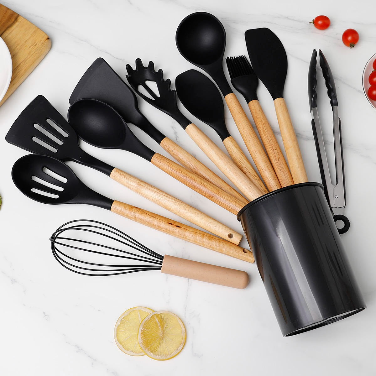 12-Piece Silicone Cooking Utensil Set With Wooden Handle And Holder (Black).