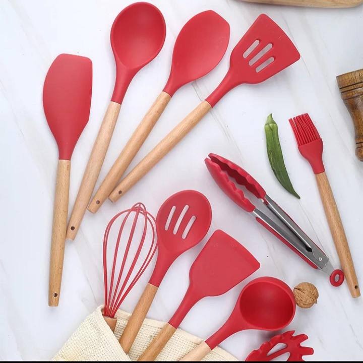 12-Piece Silicone Cooking Utensil Set With Wooden Handle And Holder (Red).