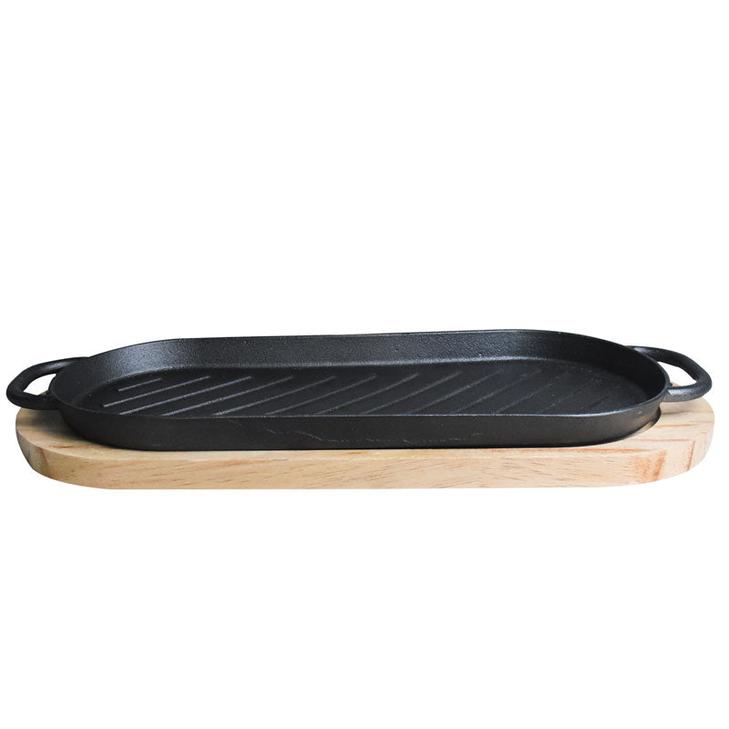 Oblong Cast Iron (37.5 x 16cm) Sizzler Tray Platter With Wooden Base
