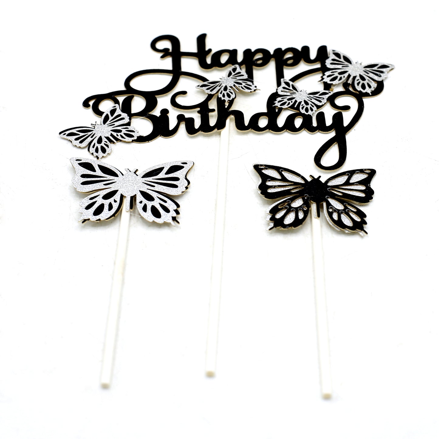 Happy Birthday And Butterfly Cake Topper 3Pcs Set Black