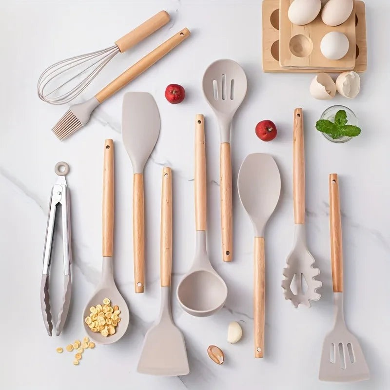 12-Piece Silicone Cooking Utensil Set With Wooden Handle And Holder (Light Grey).