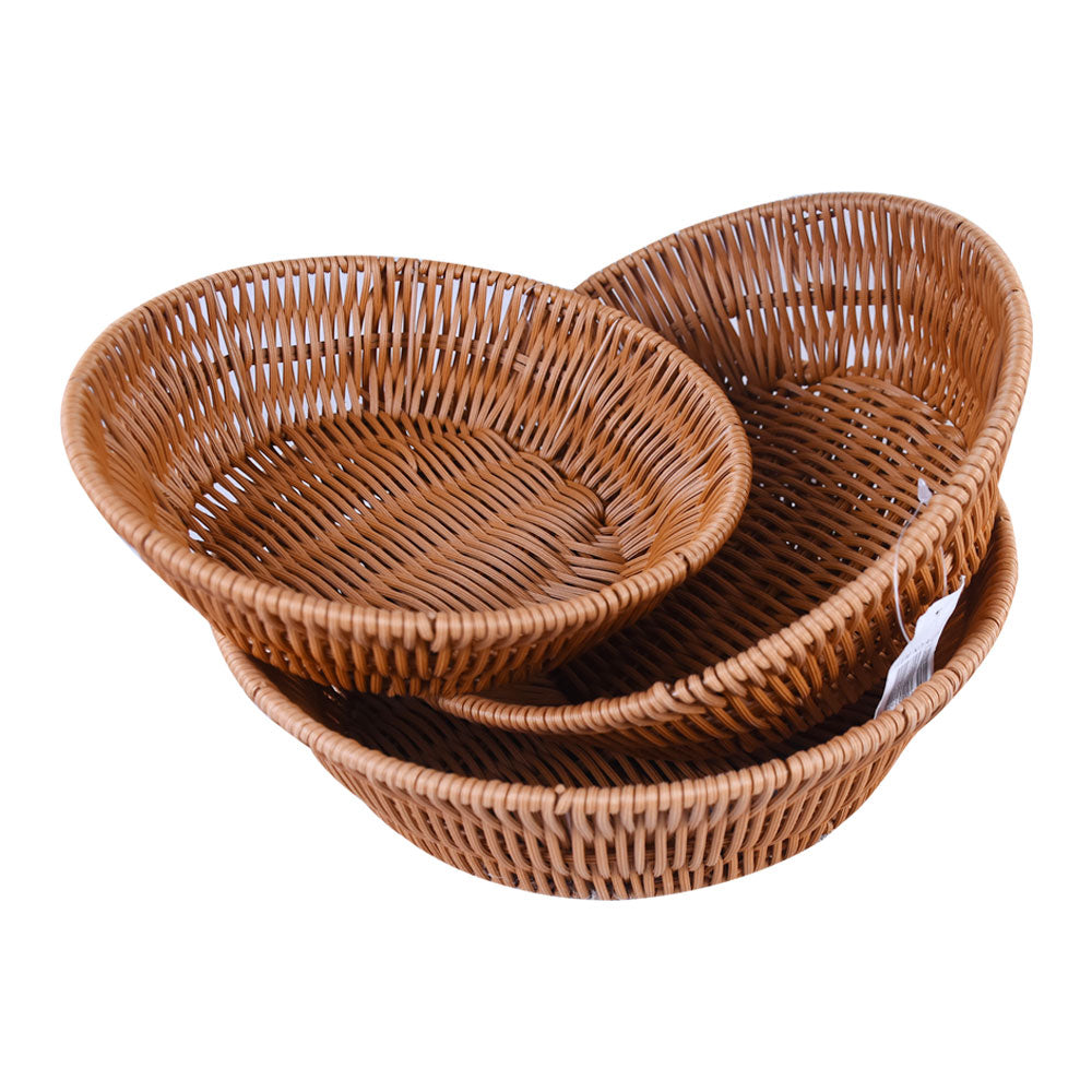 Plastic Woven Round Shape Basket Brown 3Pcs Set