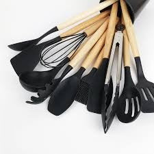 12-Piece Silicone Cooking Utensil Set With Wooden Handle And Holder (Black).