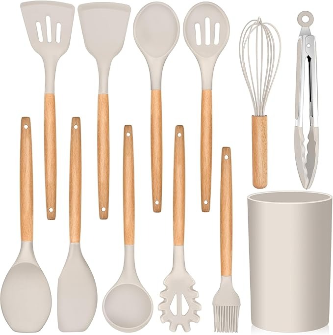 12-Piece Silicone Cooking Utensil Set With Wooden Handle And Holder.
