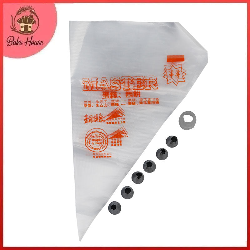 6 Nozzles with Coupler & 25 Pcs Disposable Piping Bags Pack Bake