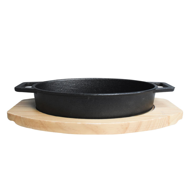 Oval Cast Iron Sizzler Pan (21.5 x 14.5cm) With Wooden Base