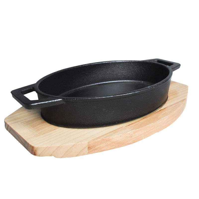 Oval Cast Iron Sizzler Pan (21.5 x 14.5cm) With Wooden Base