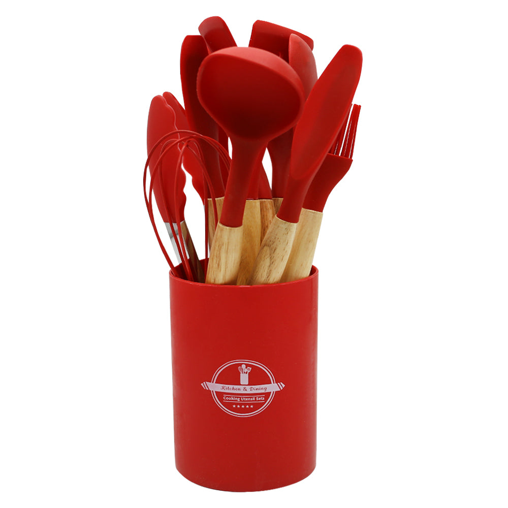 12-Piece Silicone Cooking Utensil Set With Wooden Handle And Holder (Red).