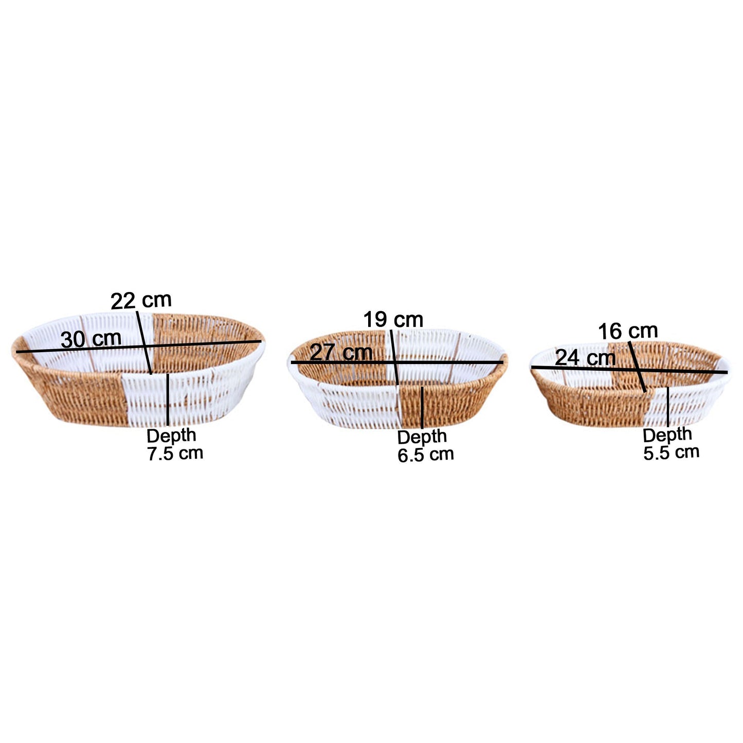 Plastic Woven Oval Shape Basket Brown & White 3Pcs Set