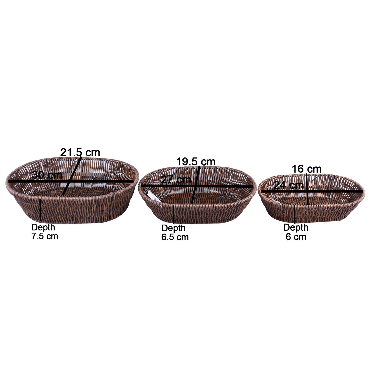 Plastic Woven Round Shape Basket Dark Brown 3Pcs Set