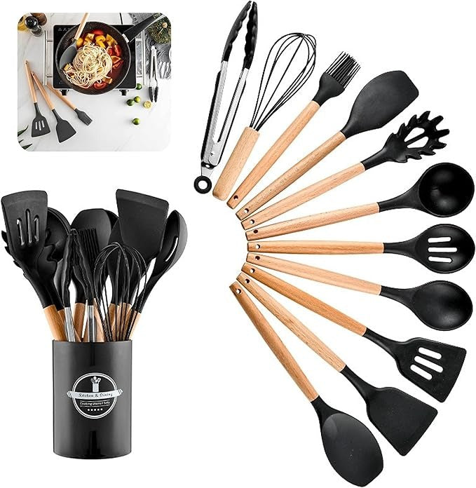12-Piece Silicone Cooking Utensil Set With Wooden Handle And Holder (Black).