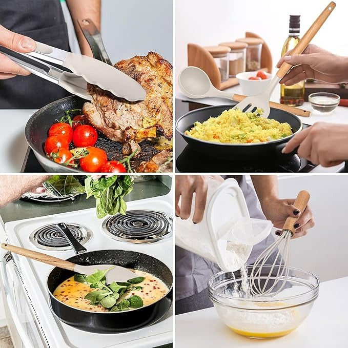 12-Piece Silicone Cooking Utensil Set With Wooden Handle And Holder.