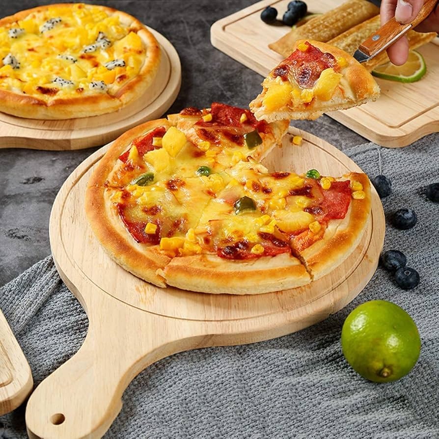 Round Wooden Pizza Serving Plate 27.5cm With Handle