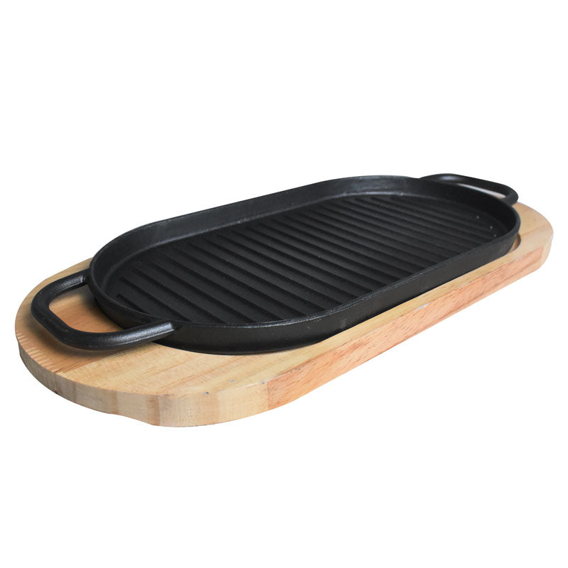 Oblong Cast Iron (30.5 x 16cm) Sizzler Tray Platter With Wooden Base