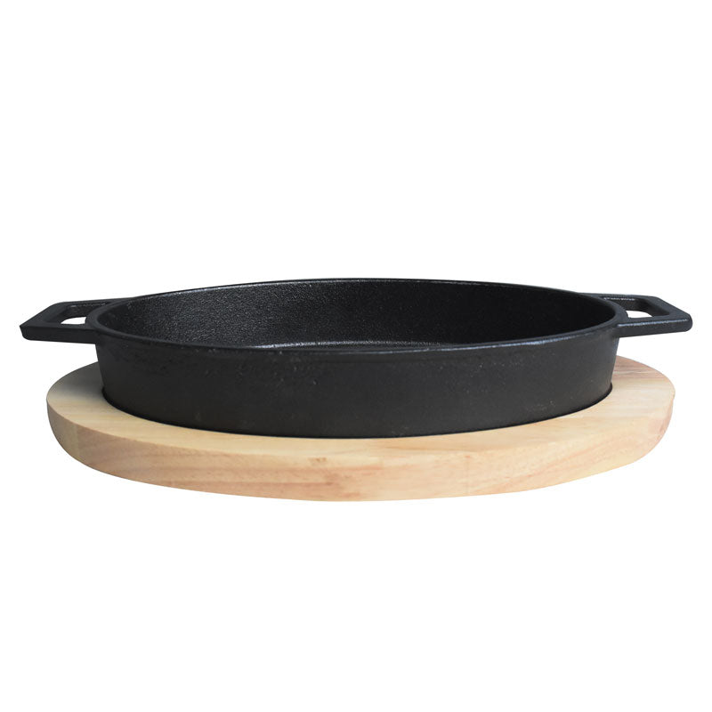 Oval Cast Iron Sizzler Pan (24.5 x 15.5cm) With Wooden Base
