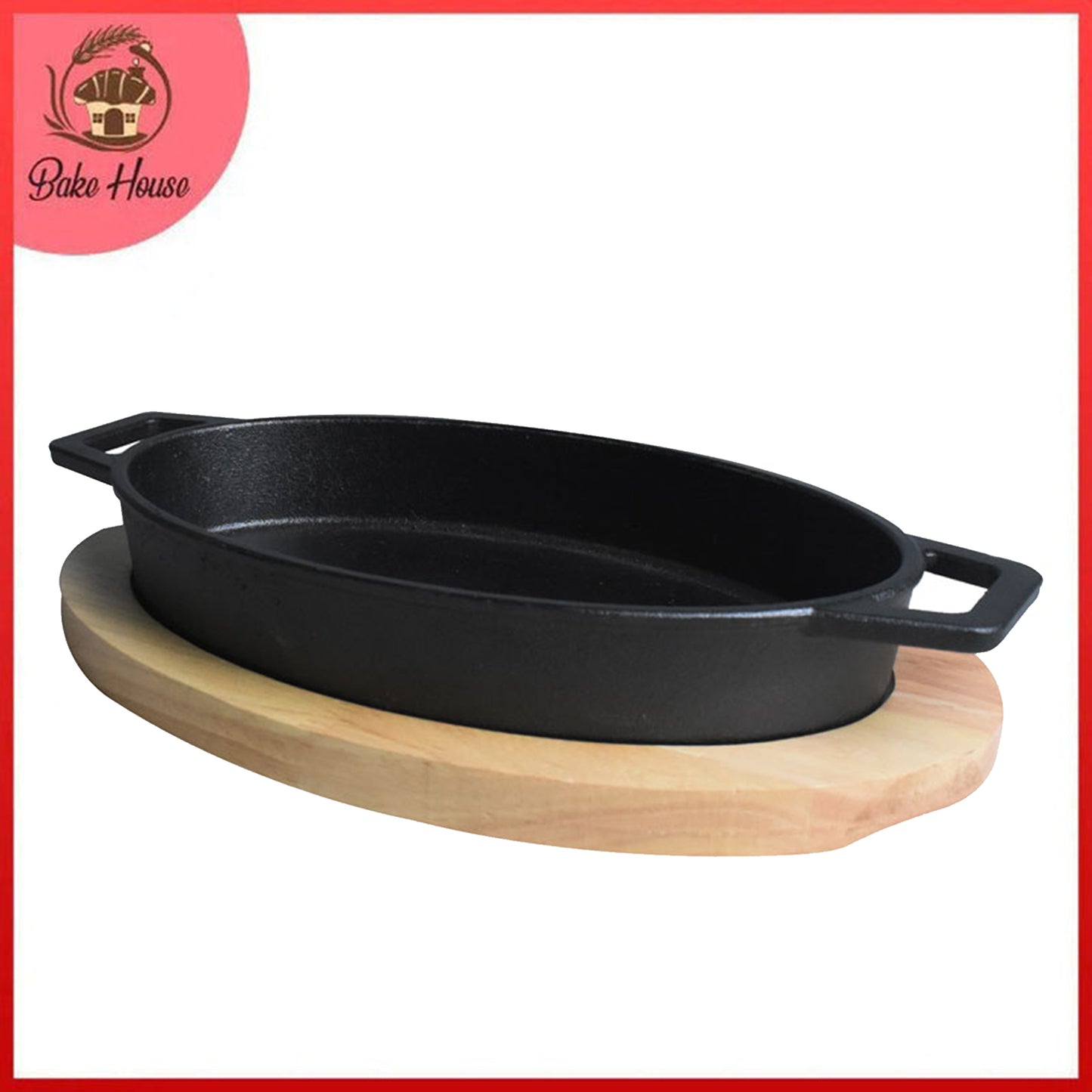 Oval Cast Iron Sizzler Pan (24.5 x 15.5cm) With Wooden Base