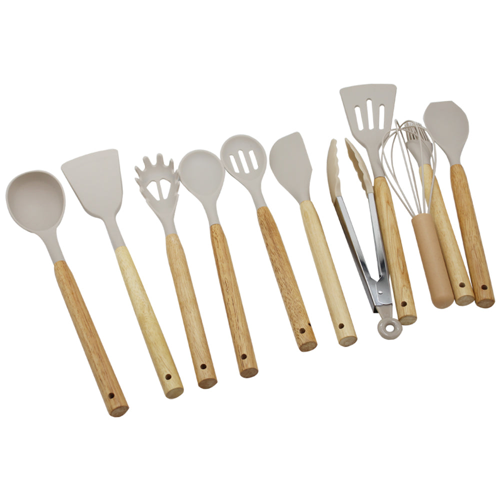 12-Piece Silicone Cooking Utensil Set With Wooden Handle And Holder (Light Grey).