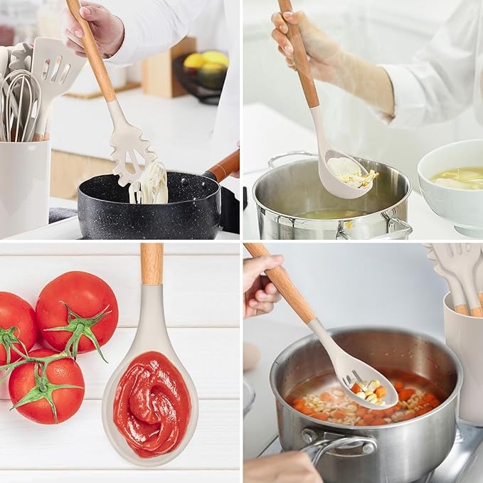 12-Piece Silicone Cooking Utensil Set With Wooden Handle And Holder.
