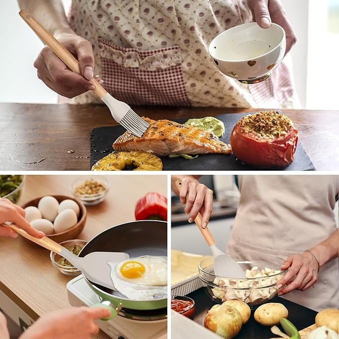 12-Piece Silicone Cooking Utensil Set With Wooden Handle And Holder.