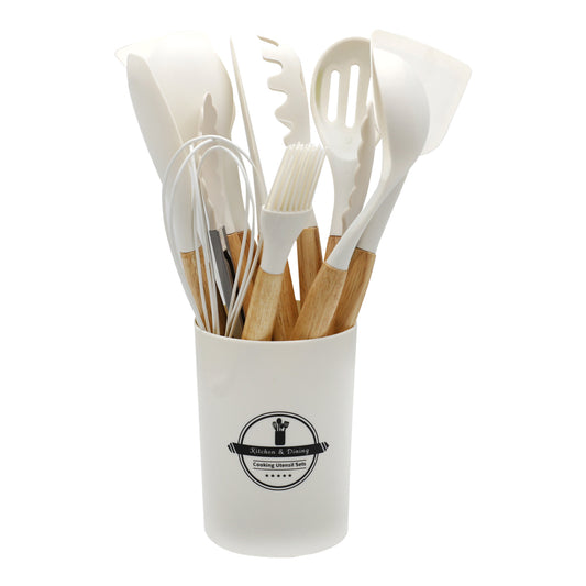 12-Piece Silicone Cooking Utensil Set With Wooden Handle And Holder.