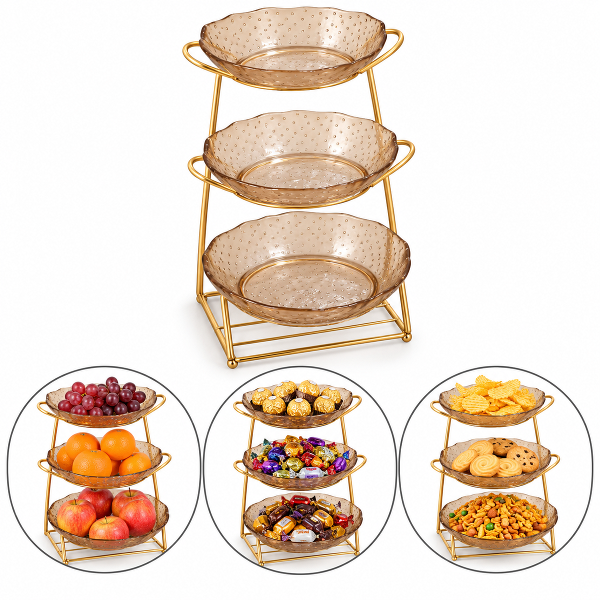 3-Tier Glass Serving Bowl Set with Golden Stand