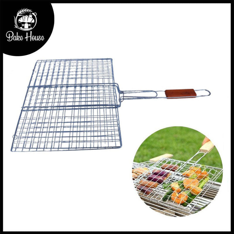 BBQ Hand Grill For Fish and Chicken 39 X 29cm Basket With Wooden Handle