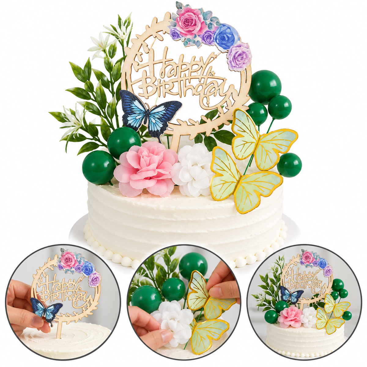 Happy Birthday Cake Topper With Faux Ball, Butterfly, And Flower 12Pcs Set (Green)
