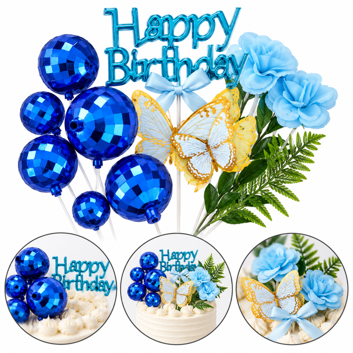 Happy Birthday Blue Cake Topper With Vintage Ball, Flower, Leave And Butterfly 12Pcs Set