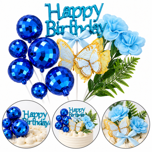 Happy Birthday Blue Cake Topper With Vintage Ball, Flower, Leave And Butterfly 12Pcs Set