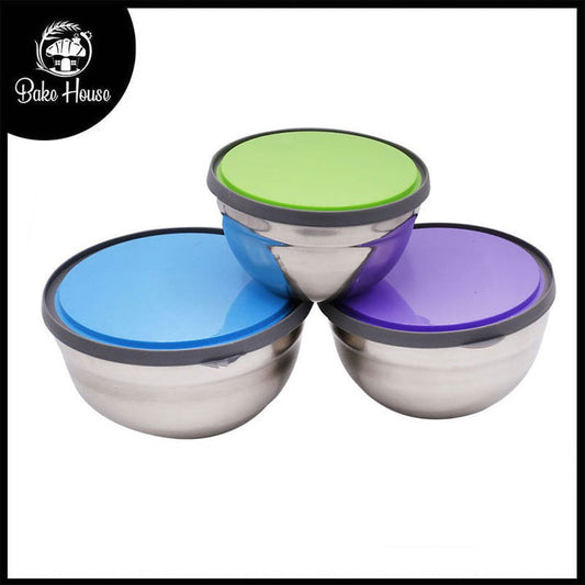 Bowl 3Pcs Set Stainless Steel 14, 16 & 18 cm with Colorful Lids