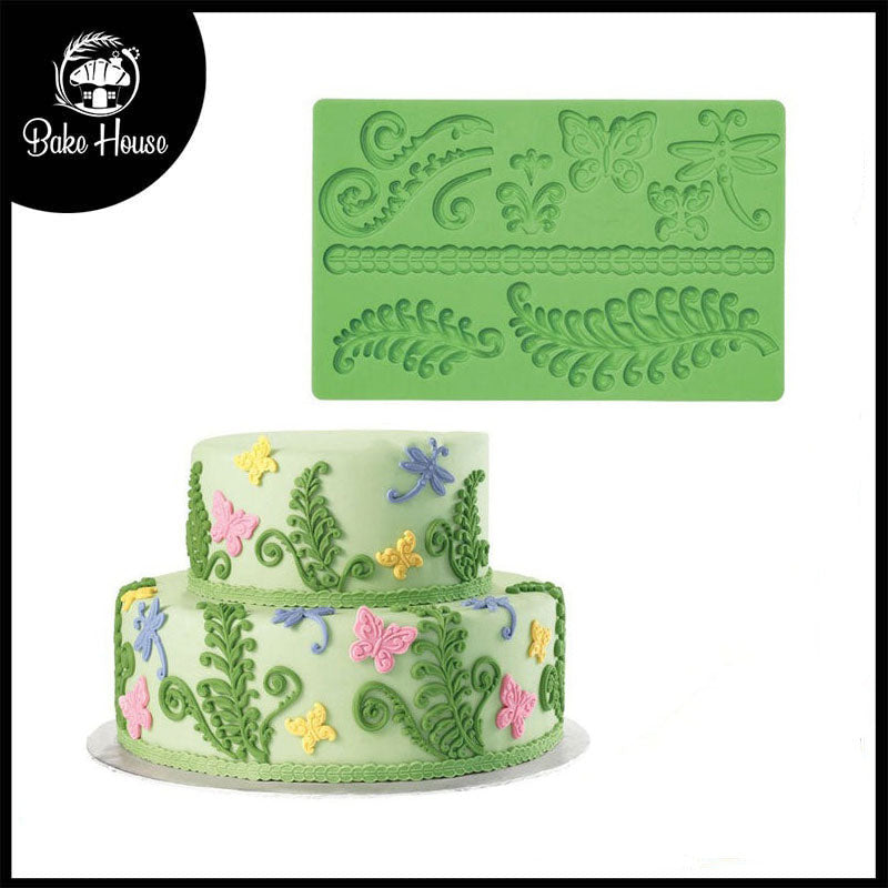 Butterfly Fern Leaf Silicone Fondant Cake Border Mold Sheet