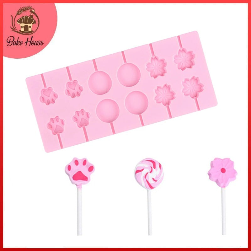 Candy Flower, Cat Paw & Round Shape Silicone Lollipop Mold 12 Cavity