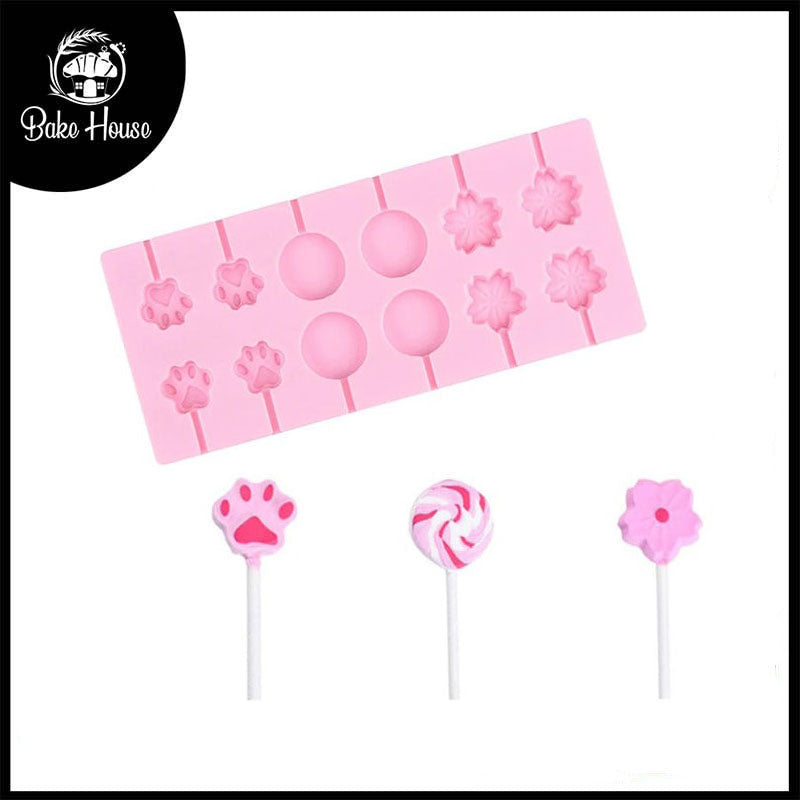 Candy Flower, Cat Paw & Round Shape Silicone Lollipop Mold 12 Cavity