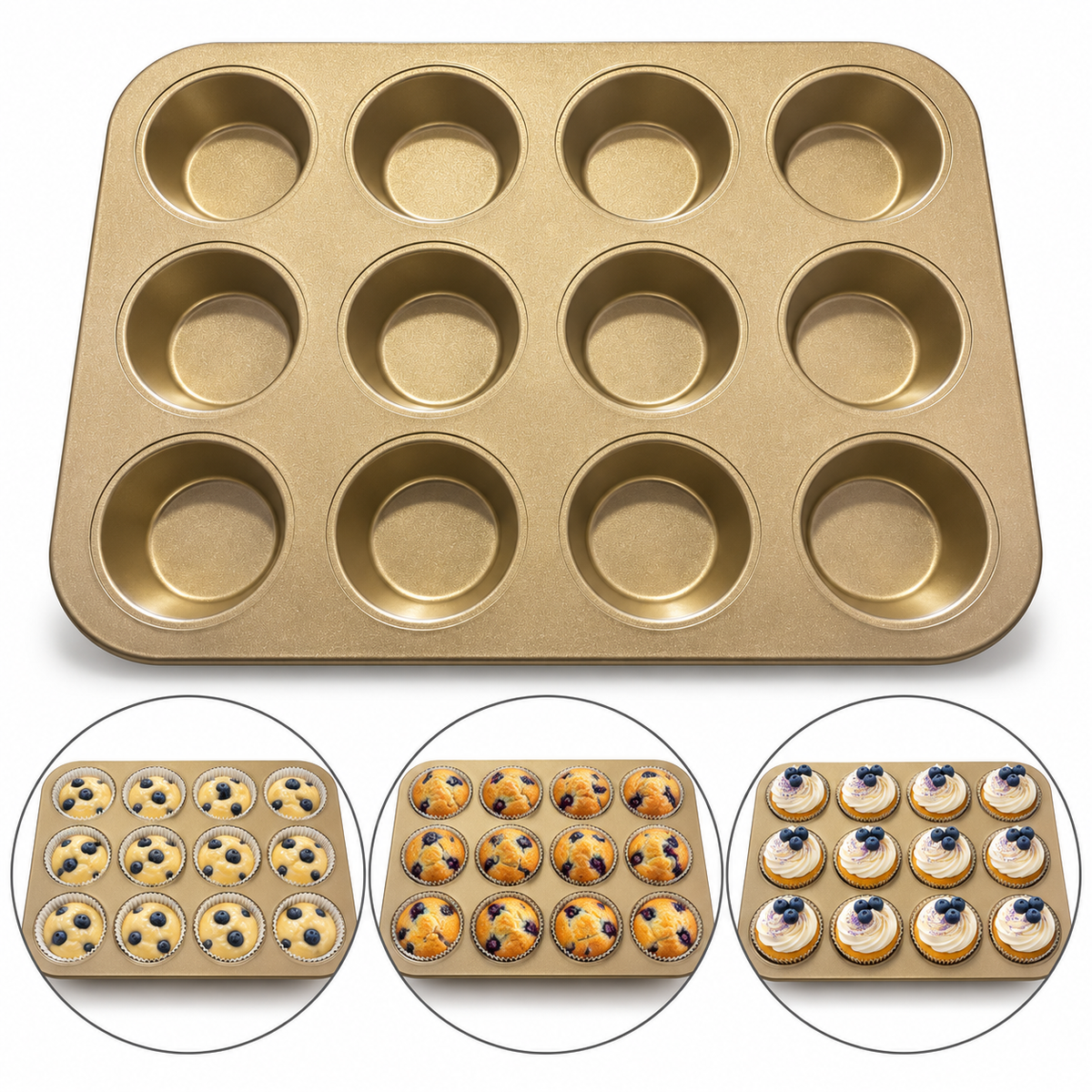 High Quality Non Stick Muffin Tray 12 Cavity Golden