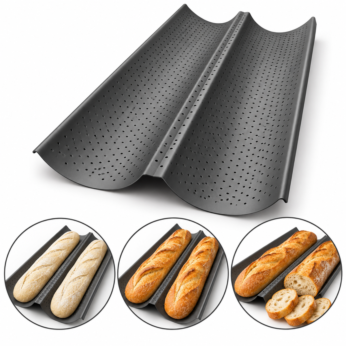 Non Stick Perforated French Baguette Baking Tray 2 Cavity 38 x 19.5cm