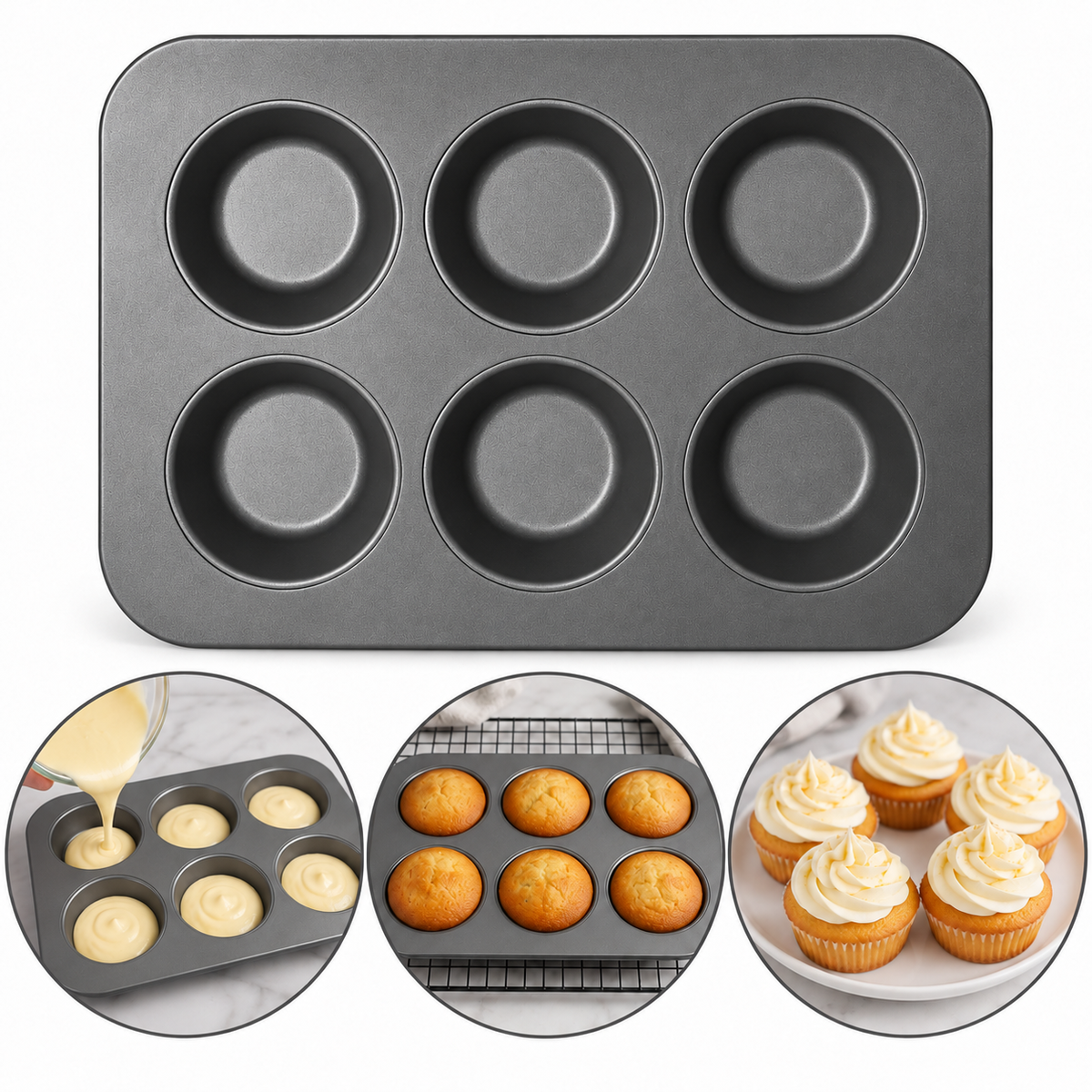 Nonstick Muffin & Round Cake Baking Tray 6 Cavity Grey