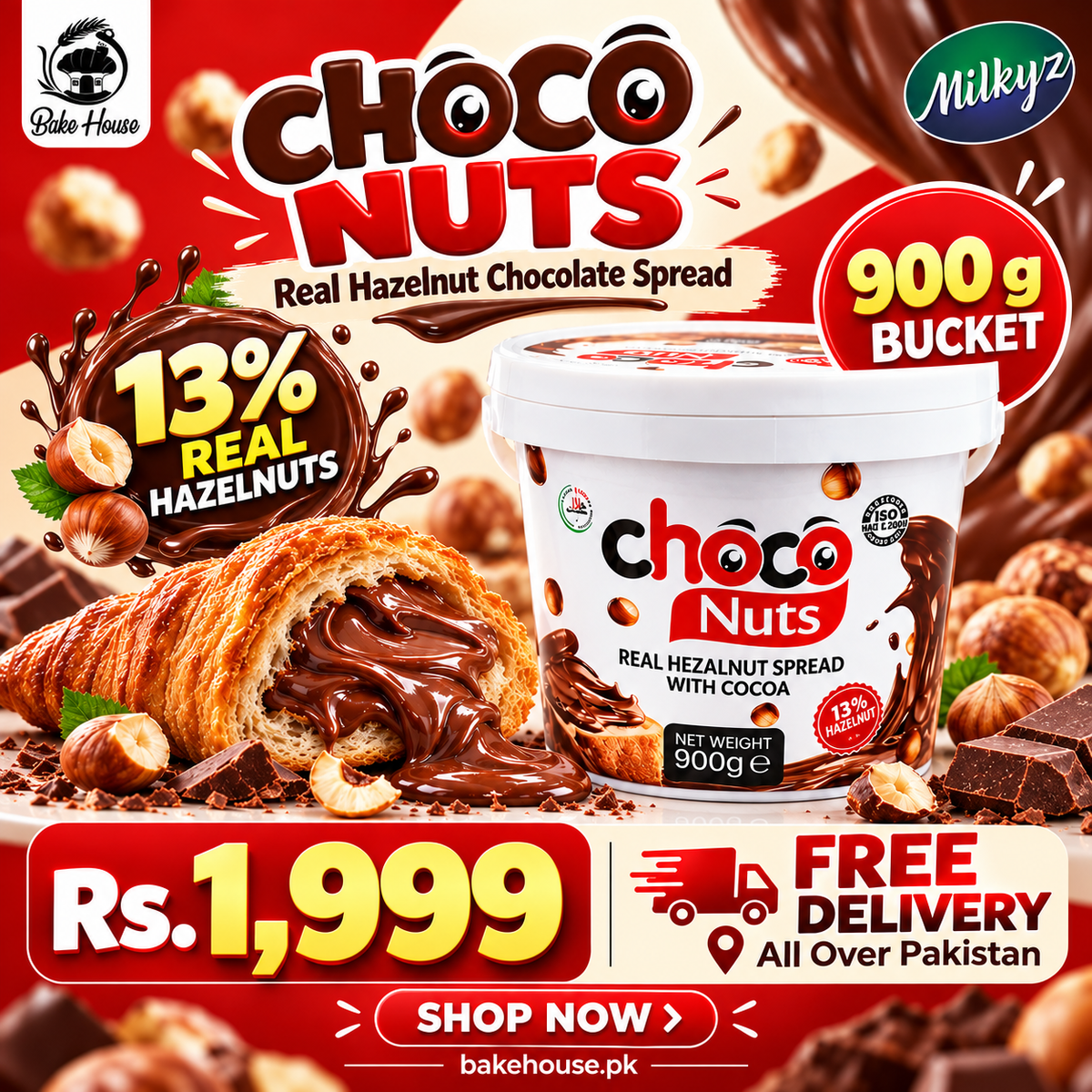 Milkyz Food Choco Nuts Real 13% Hazelnut Spread With Cocoa 900g Bucket