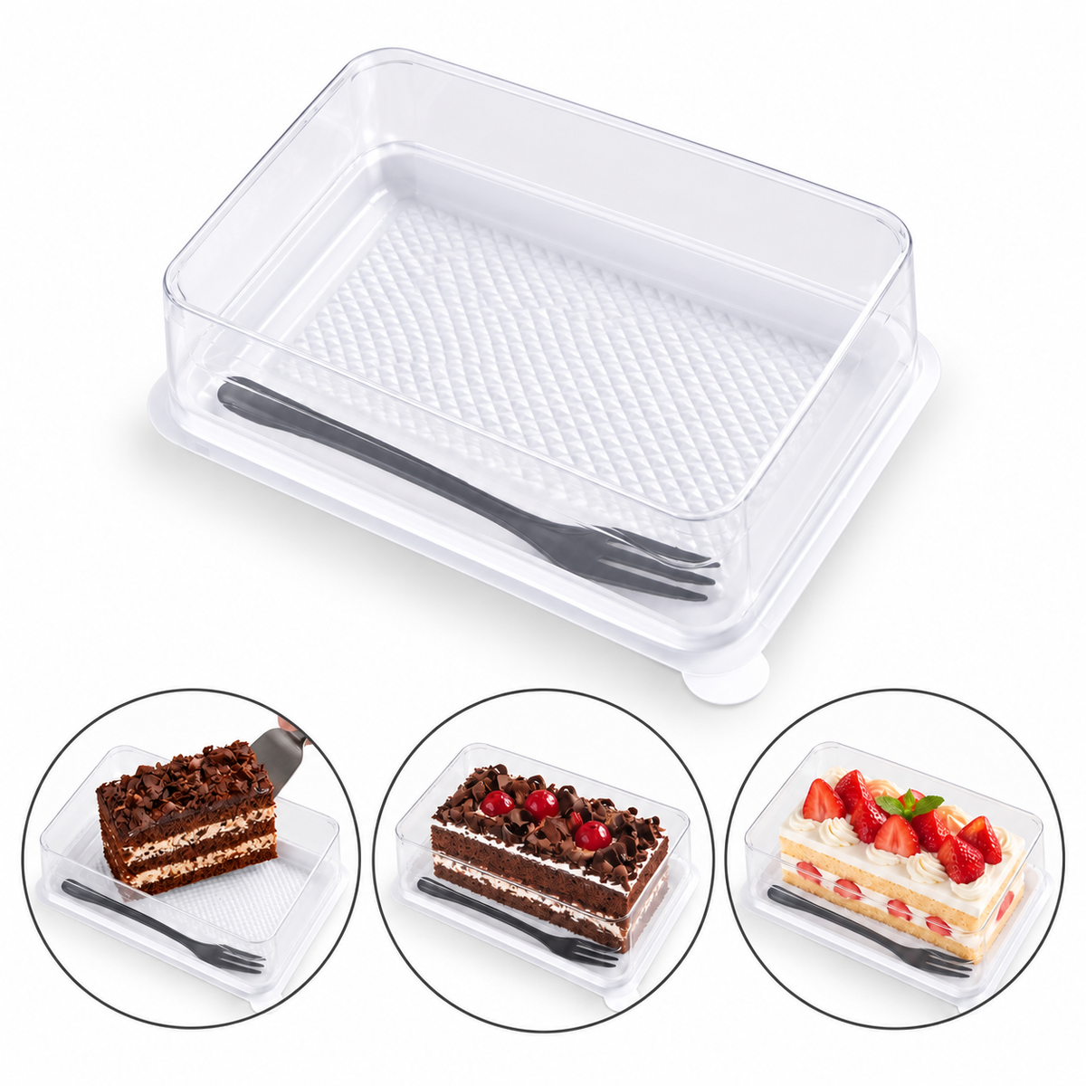 Disposable White Rectangular Cake Box with Transparent Lid & Fork