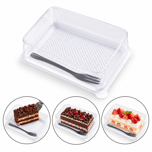 Disposable White Rectangular Cake Box with Transparent Lid & Fork